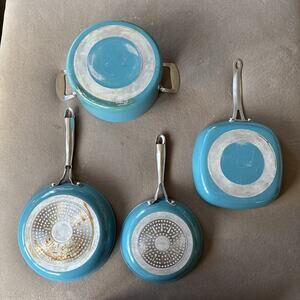 Lot Of 4 Gotham Steel Aqua Blue Pot And Pans. 10 & 8” Round And 10” Square Pan